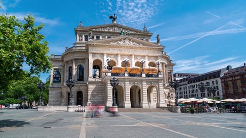 The original opera house in Frankfurt is now the Alte Oper (Old Opera), a concert hall and former opera house in Frankfurt am Main, Germany. Time lapse hyperlapse video in 4k.
