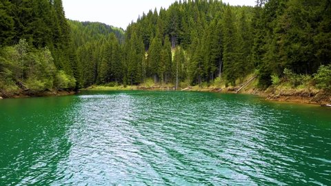 Turquoise water in a mountain forest lake with pine trees. Aerial view of blue lake and green forests. View on the lake between mountain forest. Over crystal clear mountain lake water. Fresh water 