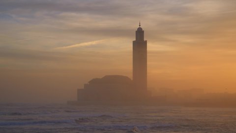 scenic view of Hassan II mosque at sunrise -  silhouette of Hassan II Mosque - Casablanca, Morocco