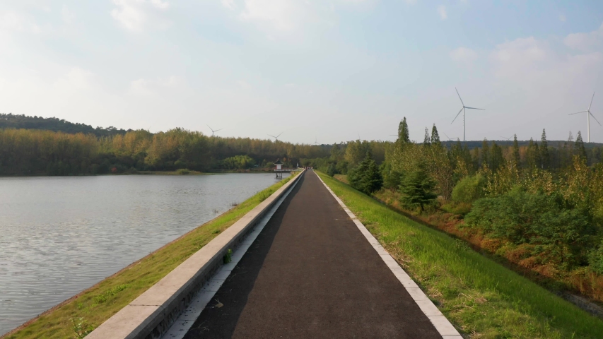 Drone flying the lake in Nanjing city.