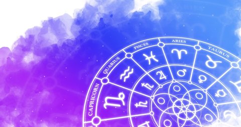 Zodiac circle with astrological signs rotates on a watercolor background. Looping animation.