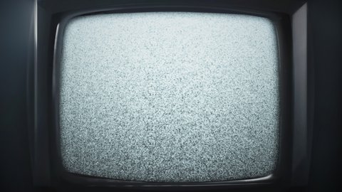 Old vintage TV animated background. 70s, 80s style television. White noise effect on the screen. Analog Static Noise texture. Monochrome, black and white offset flicker. Screen damage