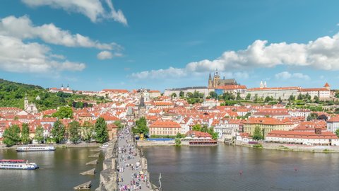 Prague Czech Republic time lapse 4K, city skyline timelapse at Charles Bridge and Prague Castle, Czechia