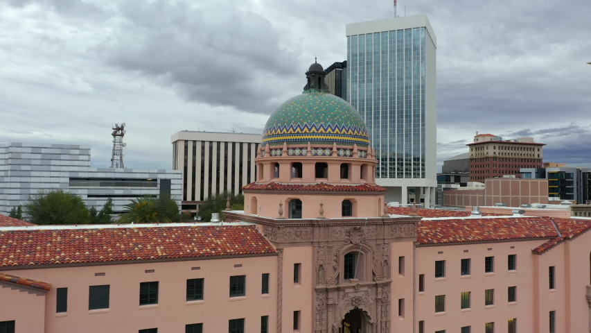 Old Pima County Courthouse In Tucson, Arizona - Historic Building Structure - Ascending Drone Shot