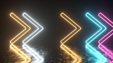 Bright neon arrows on a metal surface indicate the direction of movement. Abstract laser background. Seamless loop 3d render