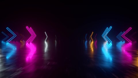 Fast flight in space with the direction of movement of the neon arrows. Abstract laser background. Seamless loop 3d render