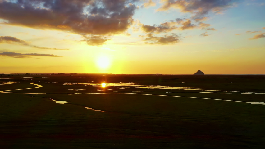 Aerial View of Le Mont-Saint-Michel at Sunset, France