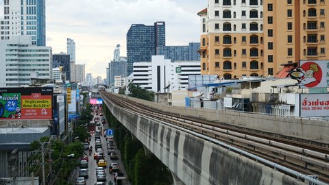 Bangkok, Thailand - May 29, 2020: Punnawithi BTS station, a BTS skytrain station, on the Sukhumvit Line in Phra Khanong District, Bangkok, Thailand. 