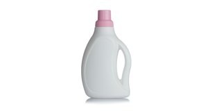 Bottle with a fragrant conditioner for washing clothes on a white background. 360 degree rotation