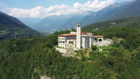 Aerial view. Flight over the Hermitage of Saints Peter and Paul, Bienno, Italy. Province of Brescia