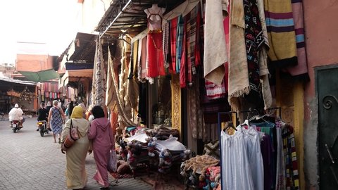 MARRAKECH, MOROCCO - September 23 2019: Shop near the souk of Marrakech, Morocco. Souvenir shops, Marrakech. Traditional moroccan market, Morocco in Africa.