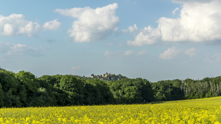 Timelapse of a field where oilseed rape is grown overlooking the surrounding countryside and the landmark of Helfstyn Castle with fast moving clouds in the sky during a sunny day.
