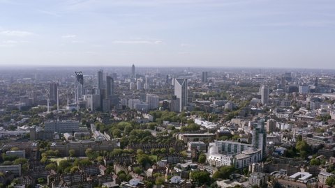 Districts of Central London aerial view, England, within residential neighborhoods such as Waterloo, Elephant and Castle, Borough, Bermondsey, Walworth, Lambeth, Kennington, Vauxhall, South Bank in 4K