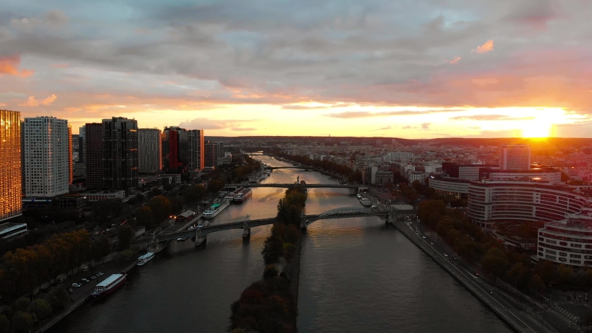 Aerial drone view of Melia Paris La Defense Skyline buildings office with a beautiful sunset in autumn Royalty-Free Stock Footage #1053483068
