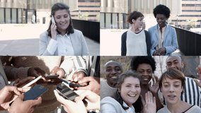 Happy diverse students walking outside, using smartphones, texting messages, taking selfie together. Multiscreen montage, collage portraits. Communication concept
