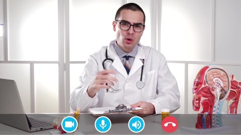 Online cosultation with a physician doctor MD using a video chat application with icons on the bottom of the screen