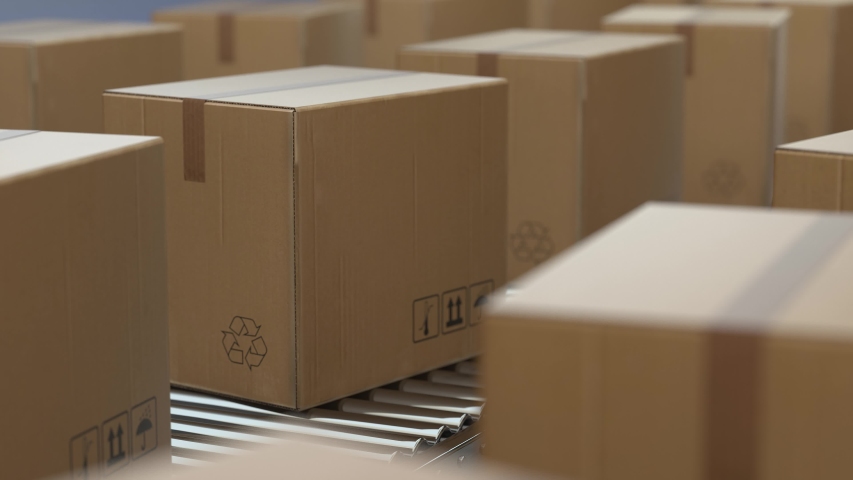 4K Loop Cardboard boxes on conveyor belt line isolated on white grey background. Distribution warehouse. E-commerce, storage, delivery and packaging service concept. Close up, DOF. 3d animation