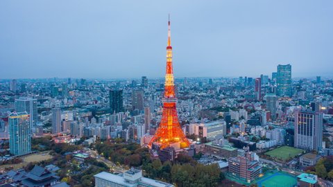 2019/11/21 TOKYO JAPAN : Aerial view Hyper lapse 4k Video of Tokyo tower and building in Tokyo City, Japan.