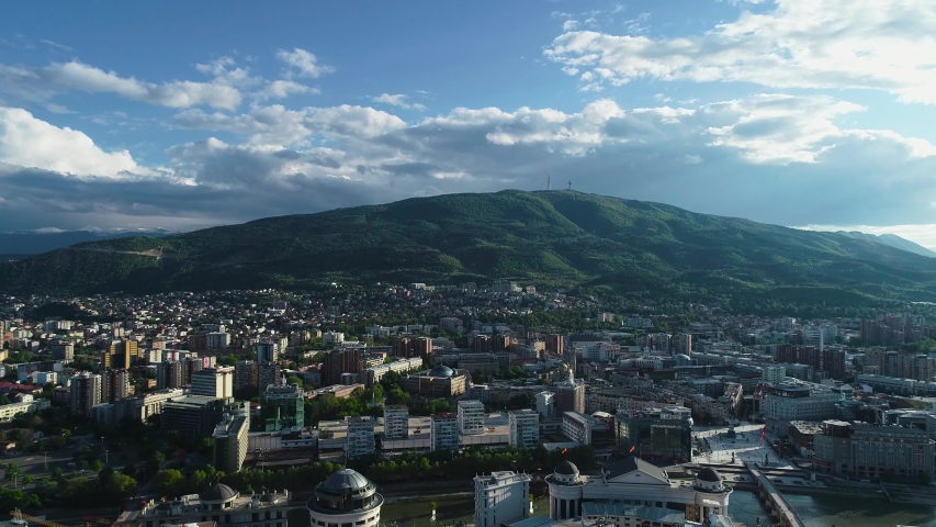 Aerial sideways flying footage above Skopje