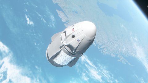 New york, USA - May 31, 2020: SpaceX launched Crew Dragon mission. Cargo spaceship in earth orbit. 3d animation