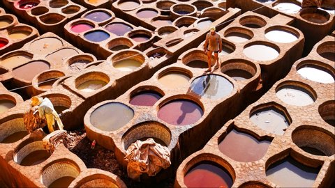 Moving people working time lapse. The Leather Tanneries of Fez,  Morocco. View from above