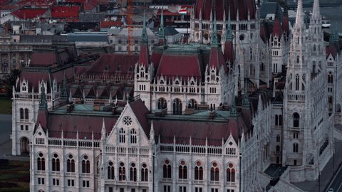 BUDAPEST, HUNGARY - JULY 2019: Hungarian parliament along Danube river in Budapest