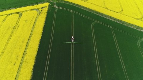 Aerial drone top view flight over green blooming field of rapeseed with  tractor in the middle and yellow and brown gardens on sunny spring or summer day. Nature background, landscape photography