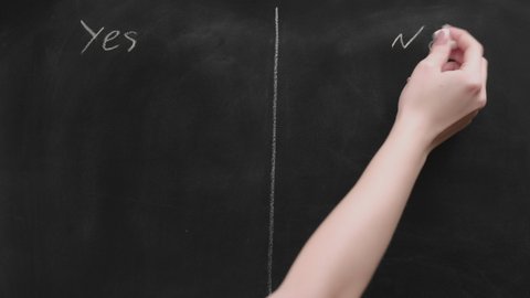 Yes no list template. Pros and cons. Female hand comparing good bad sides writing on blackboard.