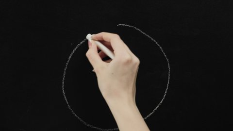 Business goal. Success achievement. Female hand drawing circles with center on black chalkboard.