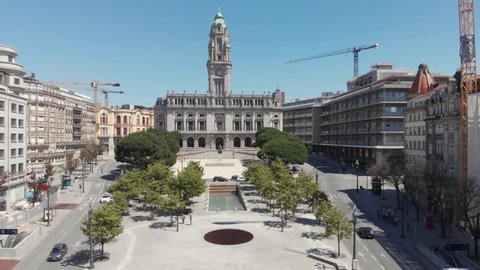 AERIAL DRONE FOOTAGE - The Porto City Hall is perched atop the Avenida dos Aliados, or the Avenue of the Allies, on a line of Art Deco and Art Nouveau facades in Porto, Portugal.