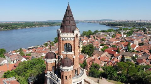 Gardos tower in Zemun, an important landmark of Belgrade, Serbia. Aerial drone video.