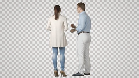 Two young men & woman stand side by side, talk, show. Footage with alpha channel. File format - mov. Codec - PNG+Alpha. Combine these footage with your background or other people