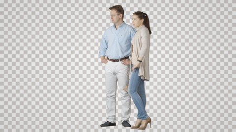 Standing man shows something pretty girl. Footage with transparent background. File format - mov. Codec - PNG+Alpha. Combine these footage with your background or other people