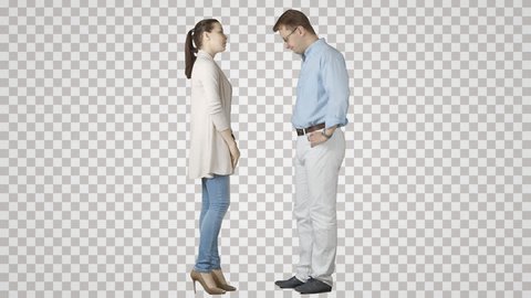 Man & girl stand face to face, talk, wait. Isolated on transparent background. File format - mov. Codec - PNG+Alpha. Combine these footage with your background or other people