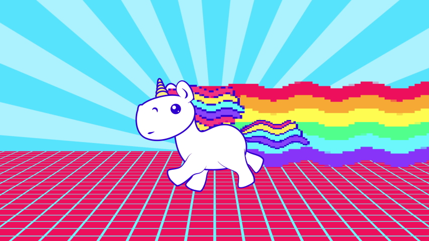 Funny rainbow unicorn running loop. The glitching background beats the beat. VJ psychedelic 4K animation. Bright and colorful pony gallop. Pop-art virus video. Royalty-Free Stock Footage #1053513050