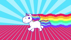 Funny rainbow unicorn running loop. The glitching background beats the beat. VJ psychedelic 4K animation. Bright and colorful pony gallop. Pop-art virus video.