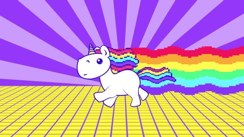 Funny rainbow unicorn running loop. The glitching background beats the beat. VJ psychedelic 4K animation. Bright and colorful pony gallop. Pop-art virus video.