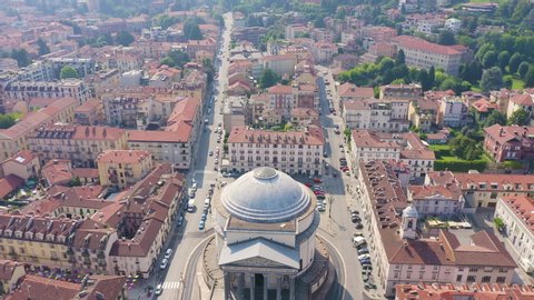 Dolly zoom. Turin, Italy. Flight over the city. Catholic Parish Church Gran Madre Di Dio, Aerial View, Departure of the camera