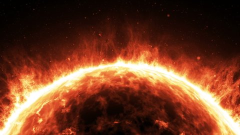 Epic lighting rotating solar star. Close-up view of burning solar surface with prominences and glowing sparks on the black starry space sky.