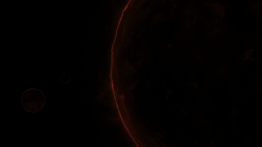 Planet Venus and Mercury slowly revolve around incendiary rotating Solar star. Magnetic storm, burning solar surface with prominences and glowing sparks on the black starry space sky Royalty-Free Stock Footage #1053519272