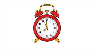 Animation of ringing red cartoon vintage alarm clock at eight hours wake up. 4K vector video motion clip