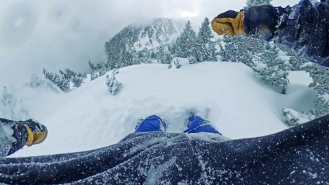POV of Snowboarder Sliding Downhill Woods Extreme Winter Lifestyle Action Extreme Snow Adventure 360 Wide Angle Slow Motion 8k Hdr