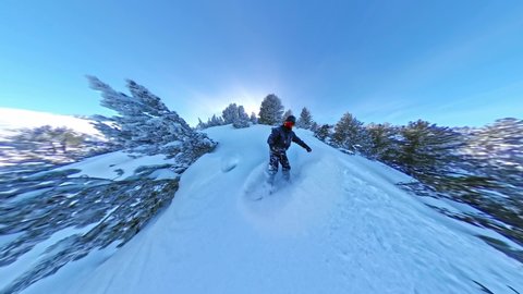 Snowboarder Speeding Down A Mountain Trees Winter Vacation Freedom Nature Snow Leisure 360 Wide Angle Slow Motion 8k Hdr