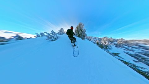 Snowboard Male Rider Sliding Down A Mountain Trees Danger Seeking Lifestyle Freedom Nature Snow Leisure 360 Wide Angle Slow Motion 8k Hdr