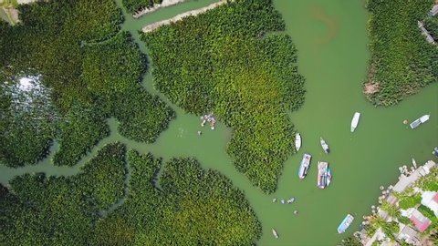 Hoi An, Vietnam - july 12, 2018 Hoi an, Vietnam. coconut basket boat village landscape. drone view shot