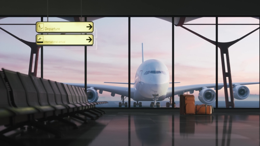 Airport terminal with chairs in waiting departure area. Airplane outside windows the airport terminal.  Royalty-Free Stock Footage #1053522968