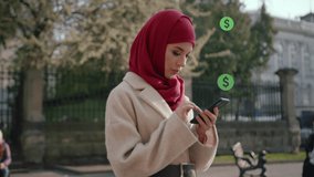 Charming Young Arab Muslim Woman Girl Using App on Smartphone Receive Online Income Profits Payment with Money Dollar Animation Icons Digital Cloud Network Virtual Interface. - Powered by Shutterstock - Get 15% off with code: PIKWIZARD15
