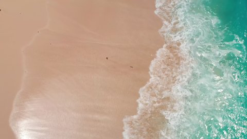 Aerial top view of ocean blue waves break on a beach. Sea waves and beautiful sand beach aerial view drone shot. Bird's eye view of ocean waves crashing against an empty sand beach from above.