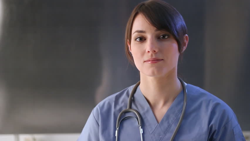 Healthcare worker. Portrait of female nurse. Room for text. 