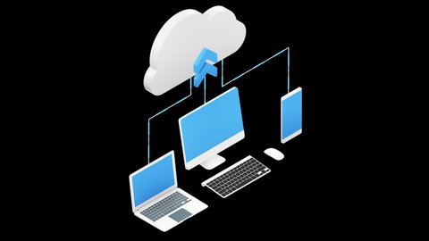 Isometric cloud computing services and technology, data storage, laptop, mobile.  